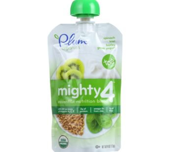 Plum Organics Essential Nutrition Blend – Mighty 4 – Spinach Kiwi Barley Greek Yogurt – 4 oz – Case of 6